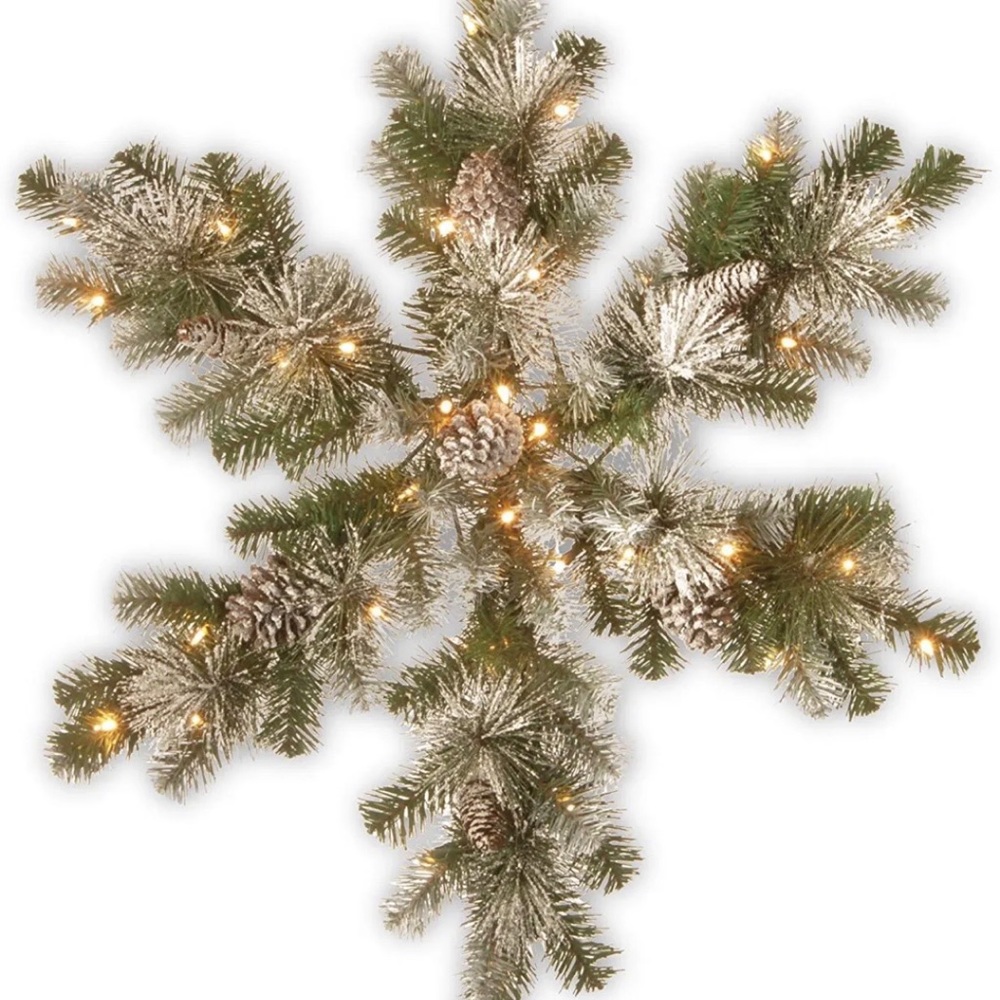 32" Snow Capped Mountain Pine Snowflakes with Cones & 50 Warm White Battery O...